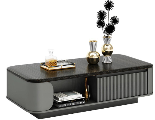 Mesa baja moderna con diseño elegante y tablero negro y estantes abiertos