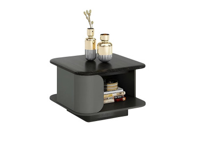 Mesa baja moderna con dimensiones compactas y tablero abierto, además de tablero negro