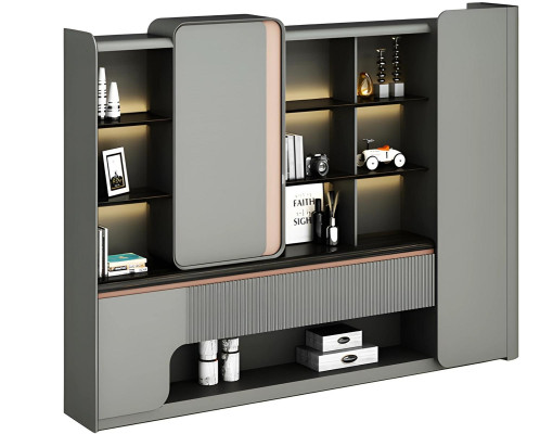 Moderno armario de oficina con estantes abiertos iluminación elegancia diseño simple gris