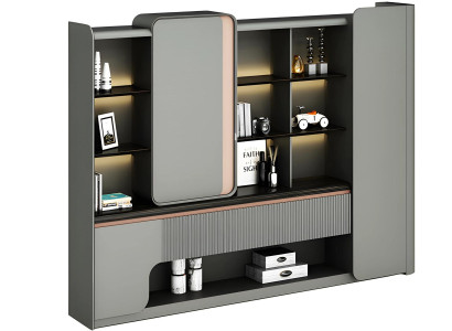 Moderno armario de oficina con estantes abiertos iluminación elegancia diseño simple gris