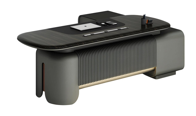 Escritorio moderno con diseño elegante y superficie negra con iluminación