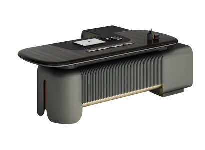 Escritorio moderno con diseño elegante y superficie negra con iluminación