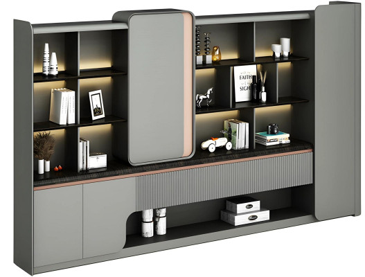 Moderno armario de oficina con estantes abiertos, iluminación LED, elegante simplicidad, diseño gris