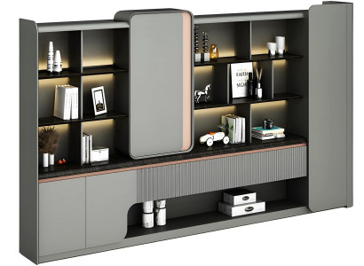 Moderno armario de oficina con estantes abiertos, iluminación LED, elegante simplicidad, diseño gris