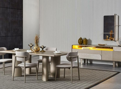 Conjunto de mesa de comedor elegante en madera beige con sillas y consola