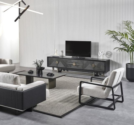 Conjunto de muebles moderno para la sala de estar en tela marrón con sillón