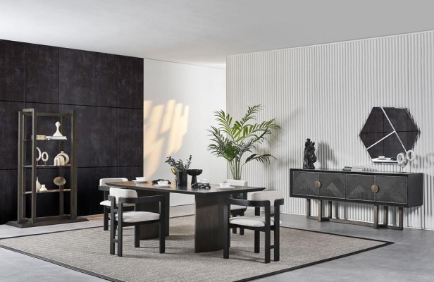 Elegante mesa de comedor de madera marrón con 4 sillas y consola