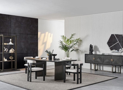 Elegante mesa de comedor de madera marrón con 4 sillas y consola