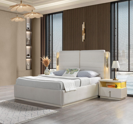 Cama tapizada elegante con 3 mesitas de noche, juego de 3 piezas