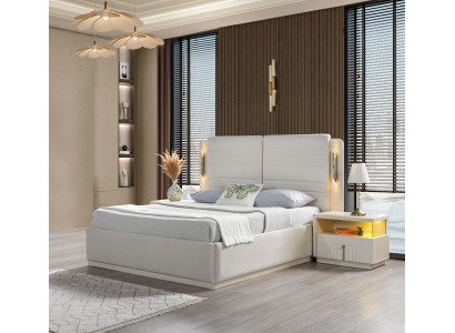 Cama tapizada elegante con 3 mesitas de noche, juego de 3 piezas