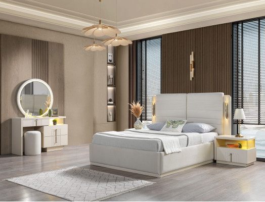 Cama tapizada para el dormitorio con 2 mesitas modernas y elegantes, juego de 5 piezas