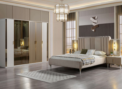 Conjunto de dormitorio con cama, 2 mesitas de noche y armario moderno, 4 piezas
