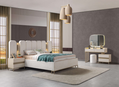 Conjunto de dormitorio completo con cómoda, espejo, cama y mesitas de noche