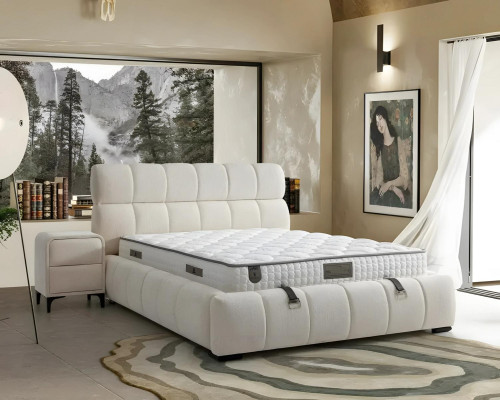 Cama azul elegante con colchón de textil y madera