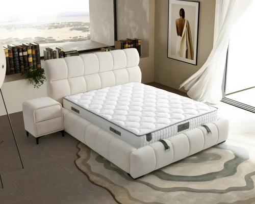 Cama azul elegante con colchón de textil y madera