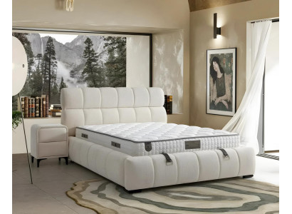 Cama azul elegante con colchón de textil y madera