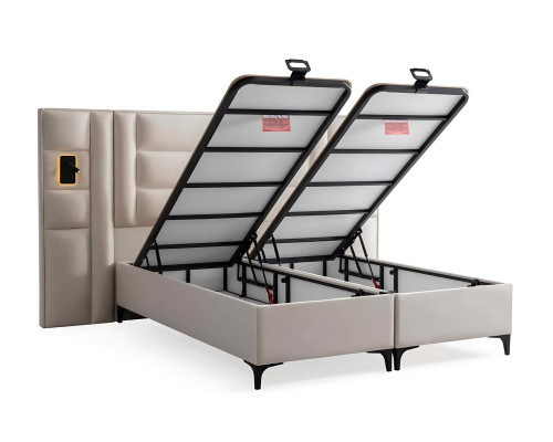 Cama blanca elegante con colchón de textil y madera