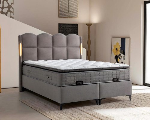 Cama gris con colchón de textil y madera, diseño moderno