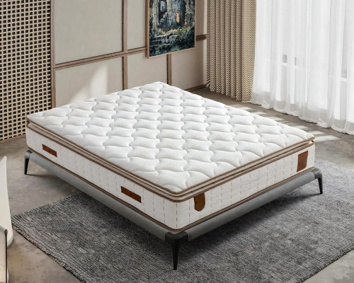 Cama gris con colchón de textil y madera, diseño moderno