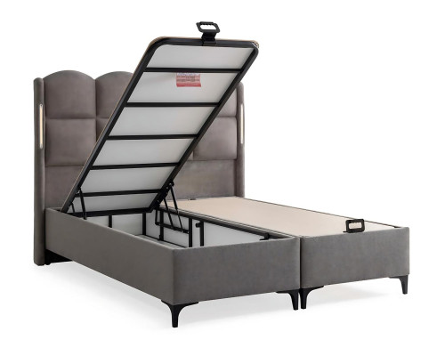 Cama gris con colchón de textil y madera, diseño moderno