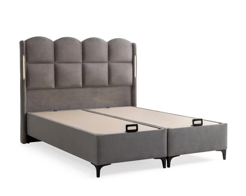 Cama gris con colchón de textil y madera, diseño moderno