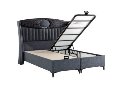 Cama elegante gris con colchón de textil y madera