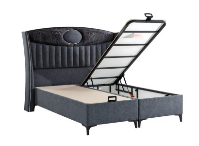 Cama elegante gris con colchón de textil y madera