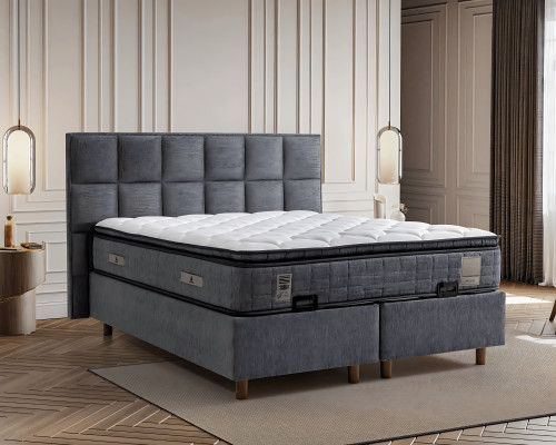 Cama moderna gris con colchón de textil y madera