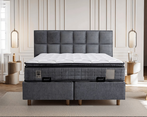 Cama moderna gris con colchón de textil y madera