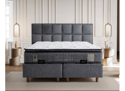 Cama moderna gris con colchón de textil y madera