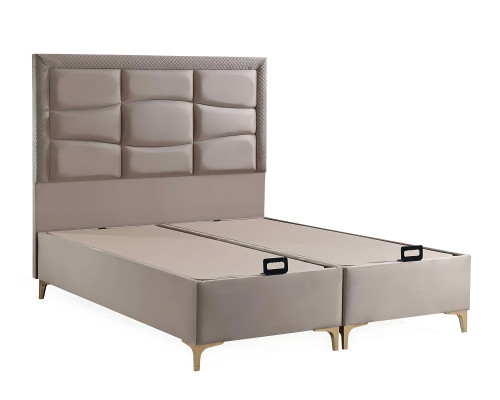 Cama beige elegante con colchón de textil y madera