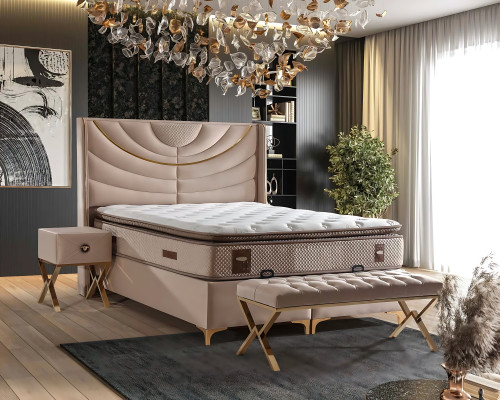 Elegante cama beige con colchón de textil y madera