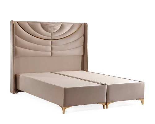 Elegante cama beige con colchón de textil y madera