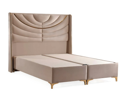 Elegante cama beige con colchón de textil y madera