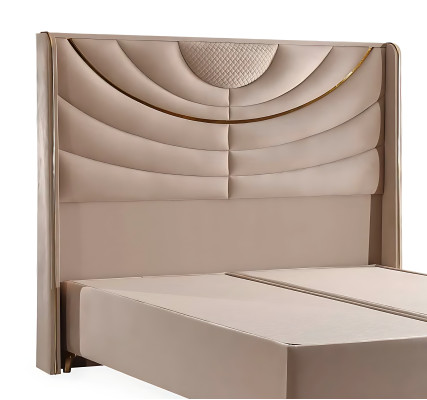 Elegante cama beige con colchón de textil y madera