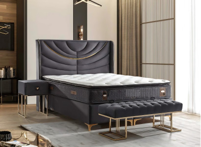Elegante cama gris con colchón de textil y madera