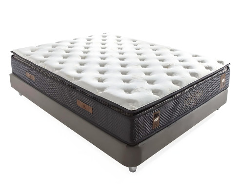 Elegante cama gris con colchón de textil y madera