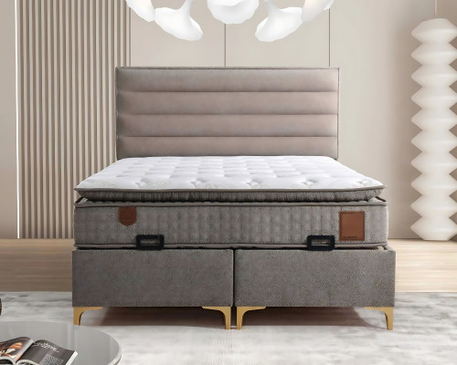 Cama de madera beige con colchón – Mueble elegante para dormitorio