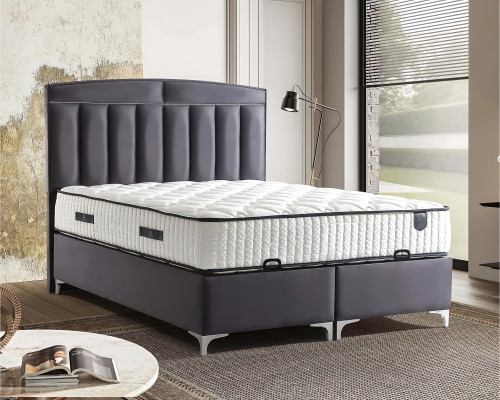 Cama gris moderna con colchón de textil y madera