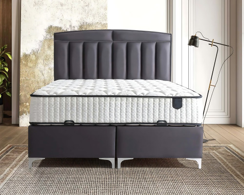 Cama gris moderna con colchón de textil y madera
