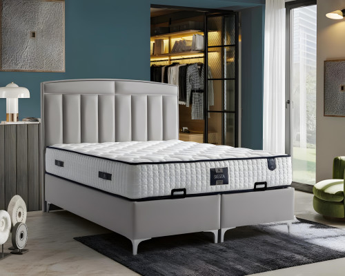 Cama gris moderna con colchón de textil y madera