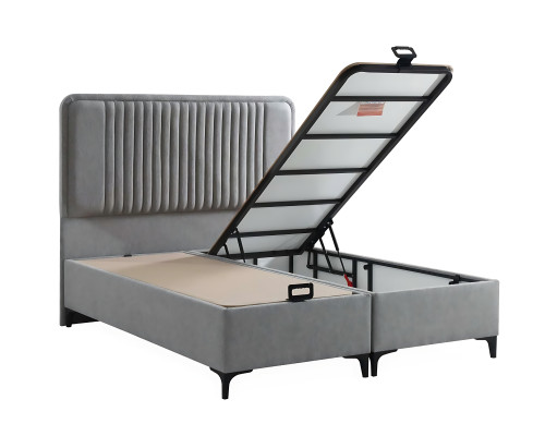 Elegante cama gris con colchón de textil y madera