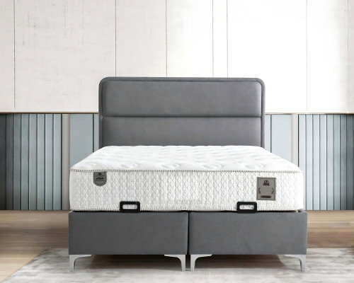 Cama gris moderna con colchón de textil y madera