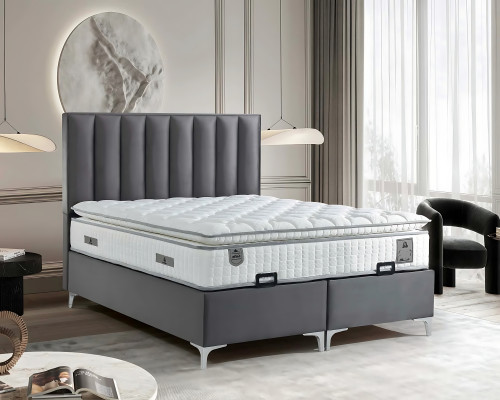 Elegante cama gris con colchón de textil y madera