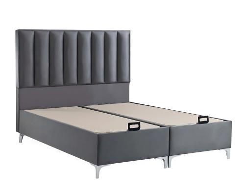 Elegante cama gris con colchón de textil y madera