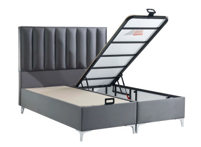 Elegante cama gris con colchón de textil y madera