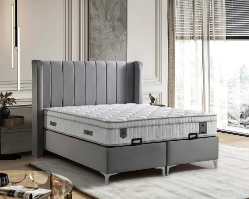 Elegante cama gris con colchón de textil y madera