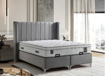 Elegante cama gris con colchón de textil y madera