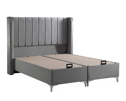 Elegante cama gris con colchón de textil y madera