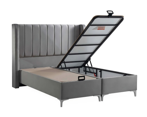 Elegante cama gris con colchón de textil y madera